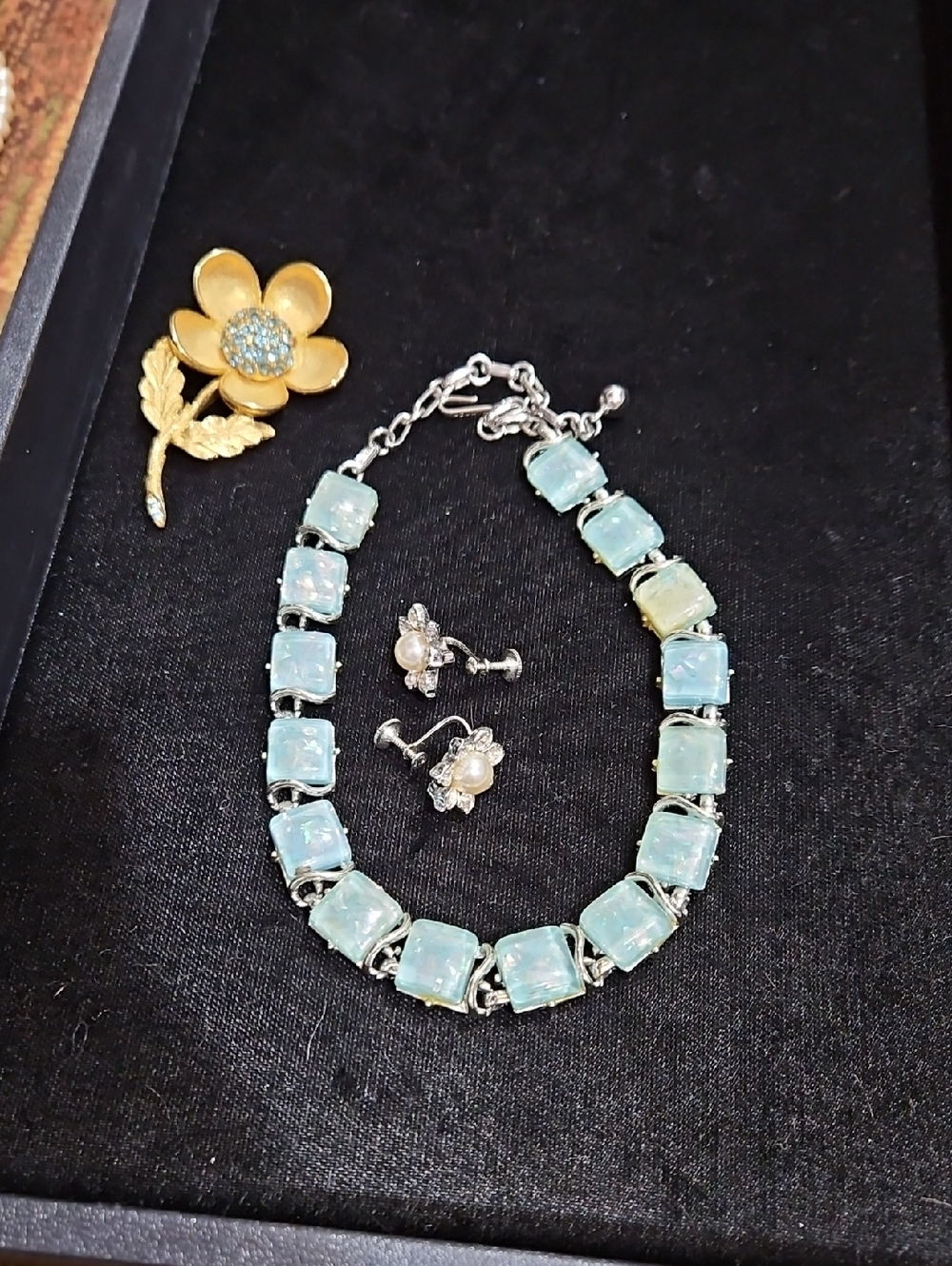 Albert Weiss Pale Aqua Square Stone Necklace with Silver Links